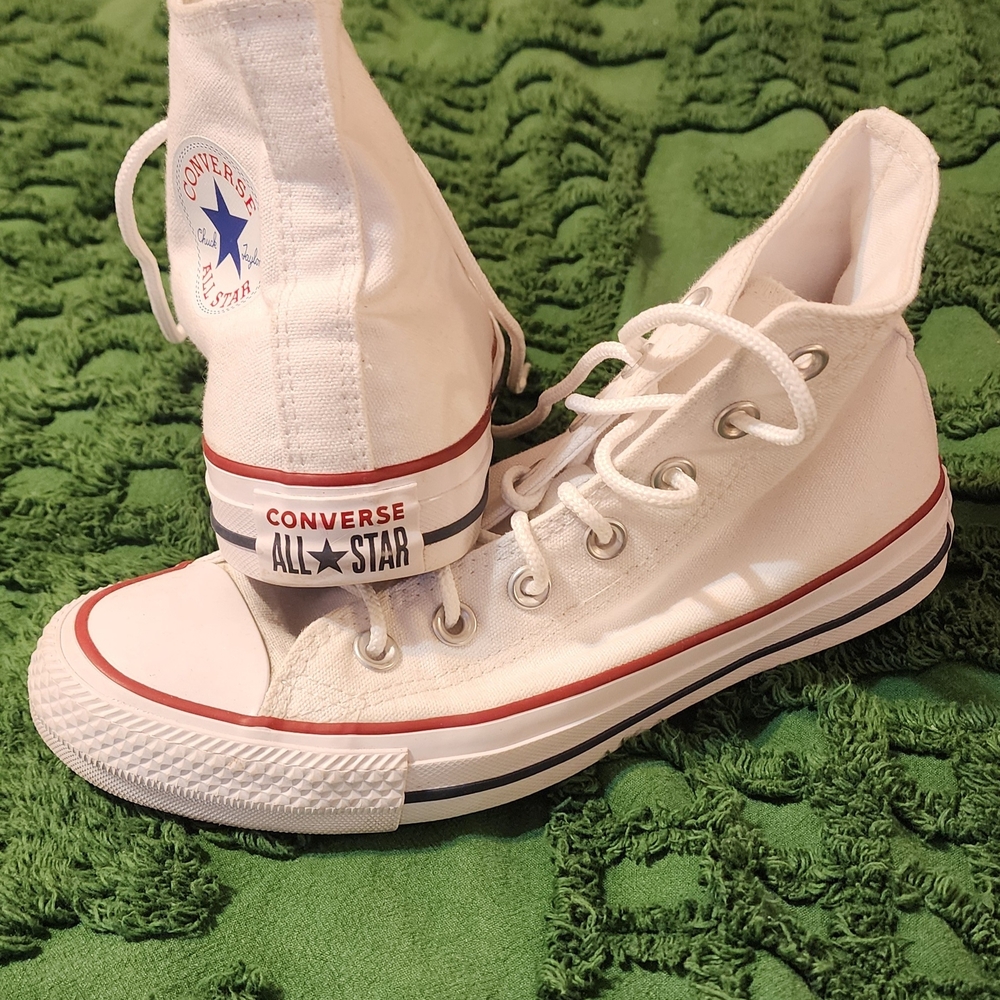 Converse All Star Chuck Taylor White High-Top Sneakers with Red and Blue Accents